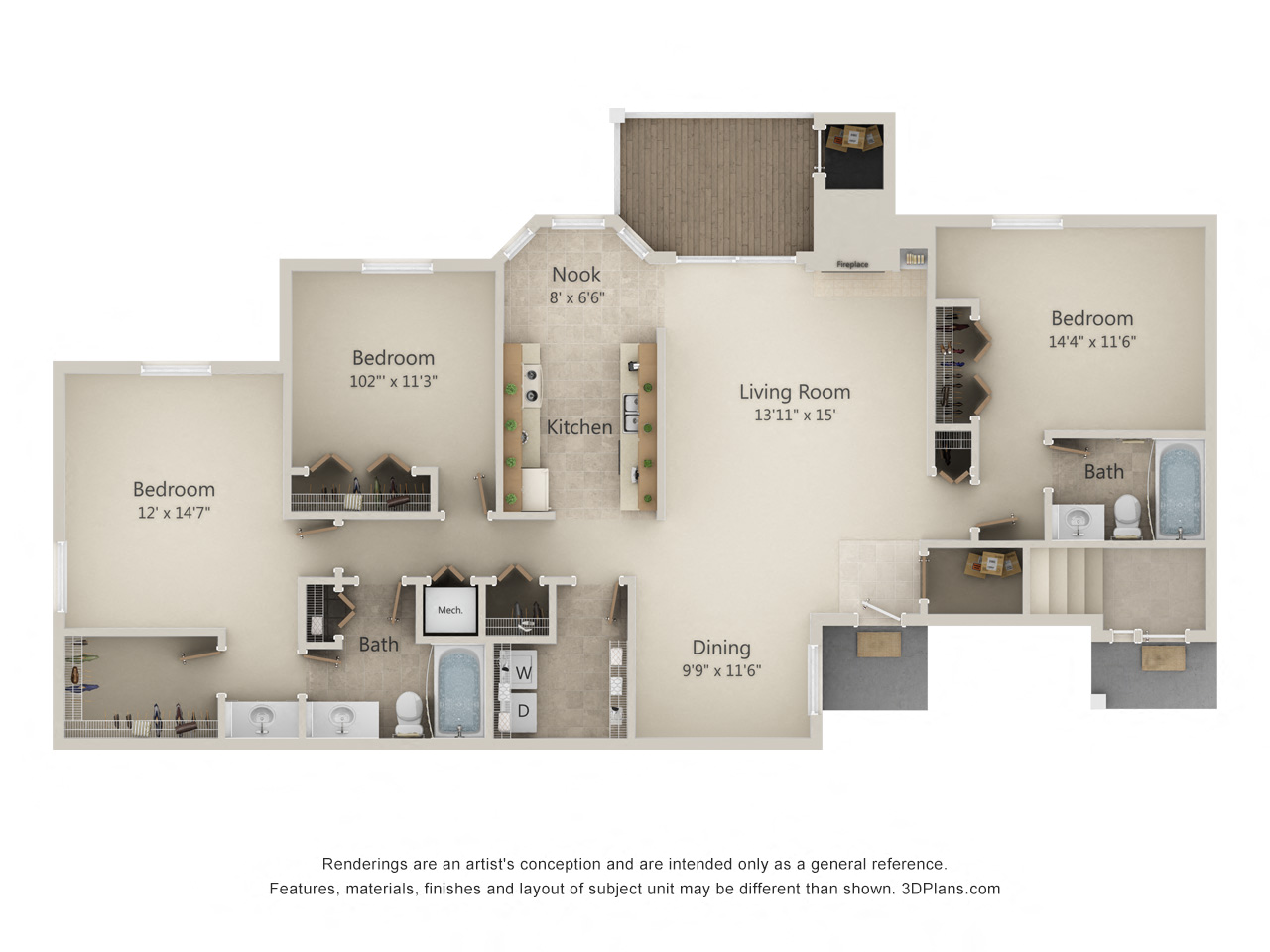Floor plan for 3 beds, 2 baths, 1460 sqft